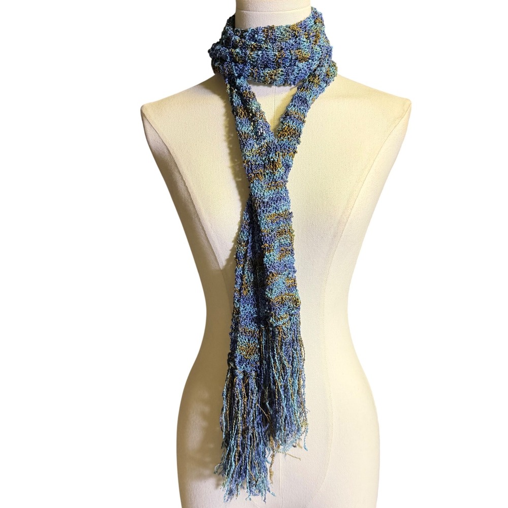 Hand-Knitted Blue & Gold Metallic Metallic Ladder Yarn Skinny Scarf with Fringe